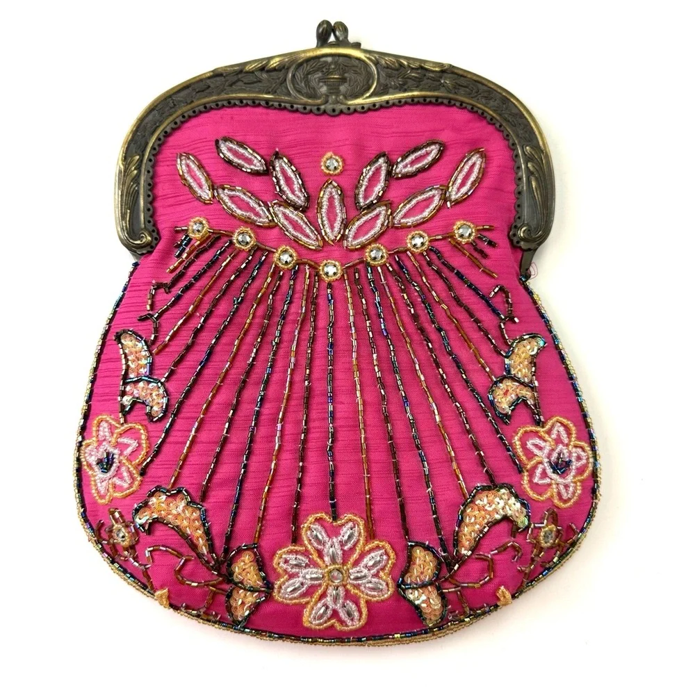 Vintage Pink Beaded Evening Bag Gold Frame Chain Strap Art Deco Glam - Picture 2 of 8